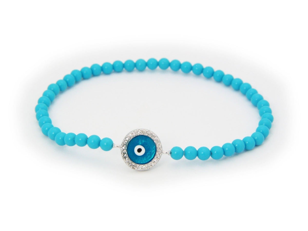 Fronay 2S2287T Elastic Turquoise Bead Evil Eye Bracelet in Sterling Si