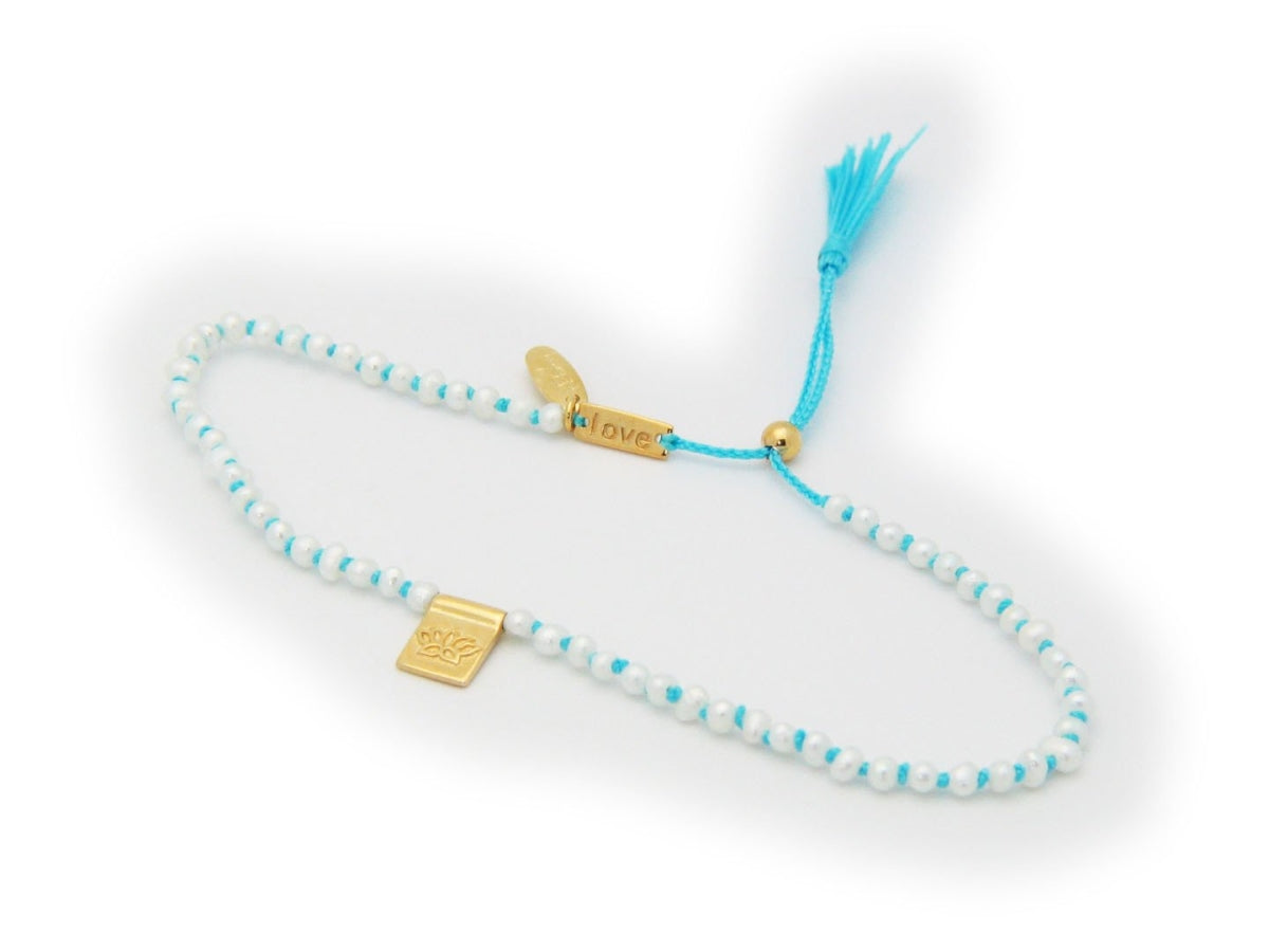 Fronay 552107T Lotus Flower & Pearls Blue Cord Bracelet in Gold Plated