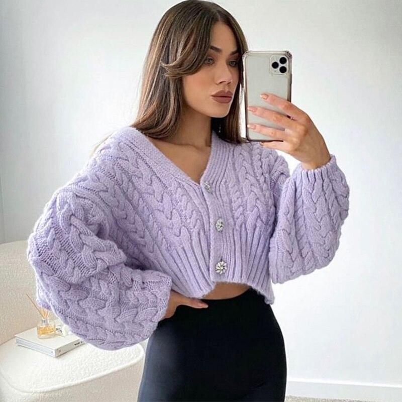 Sequined Button Knitted Purple Cardigan Sweater
