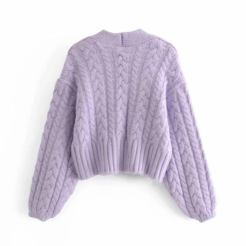 Sequined Button Knitted Purple Cardigan Sweater