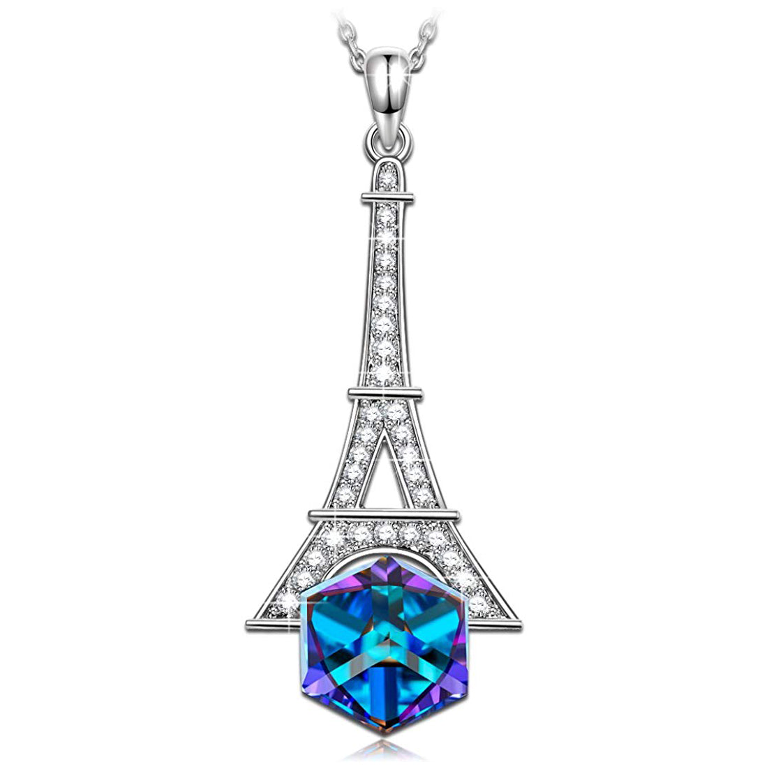Blue Cubic Zirconia Eiffel Towel Pav'e Necklace in Rhodium Plating