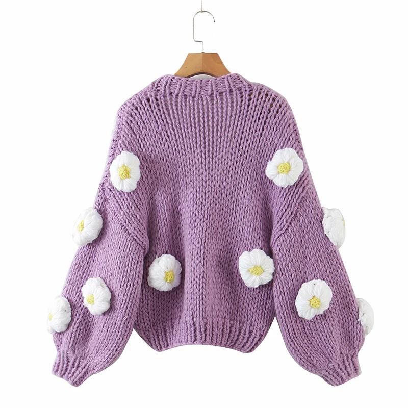 Purple Puffs Cardigan Flowear Knitting Sweater Cardigan