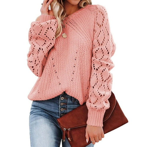 Lantern Sleeve Knitted Sweater Woman Autumn Winter Hollow Out Sweater