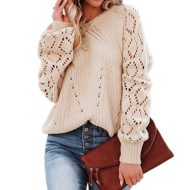 Lantern Sleeve Knitted Sweater Woman Autumn Winter Hollow Out Sweater