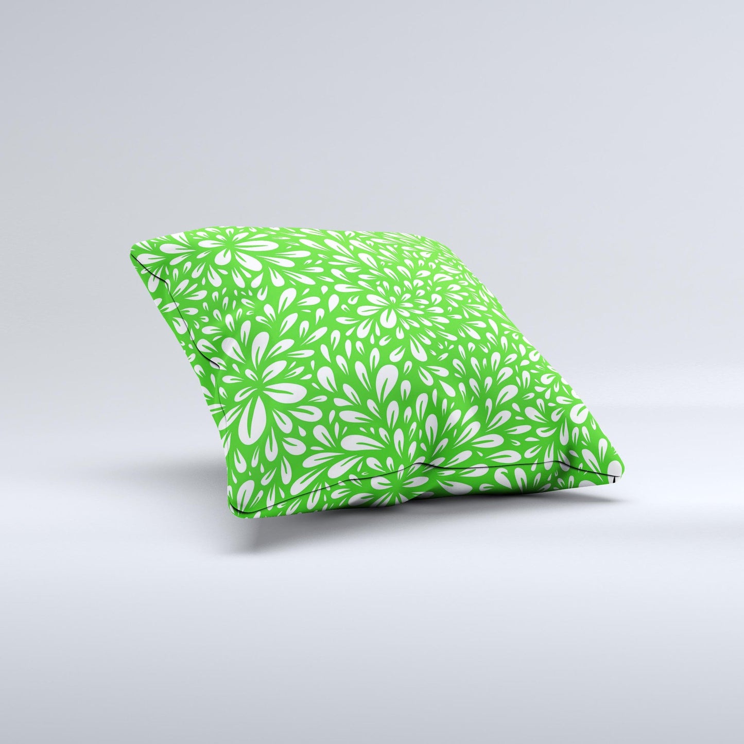 Lime Green & White Floral Sprout Ink-Fuzed Decorative Throw Pillow