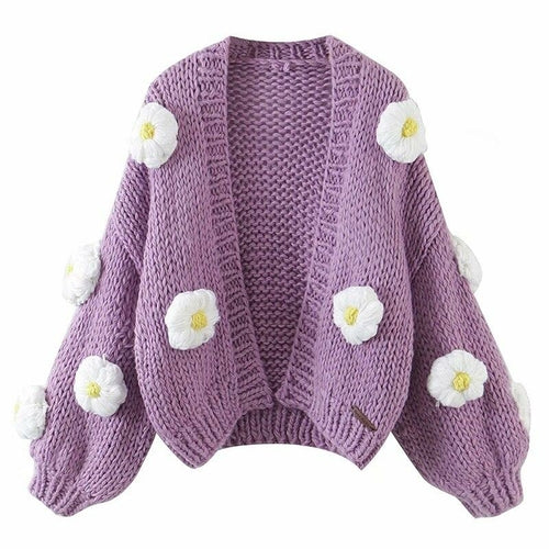 Purple Puffs Cardigan Flowear Knitting Sweater Cardigan