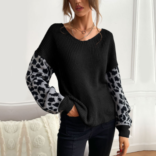 Womens V Neck Sweater With Leopard Print Sleeves