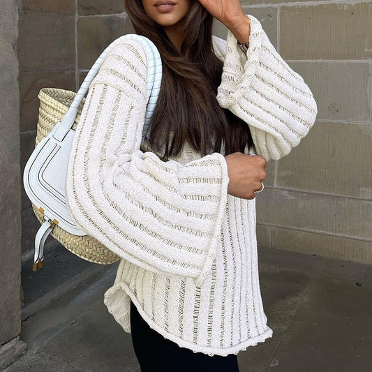 Cotton Loose Top Solid Color Hollow Out Sweater