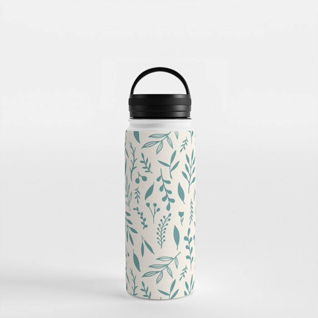 Teal Falling Leaves Handle Lid Water Bottle