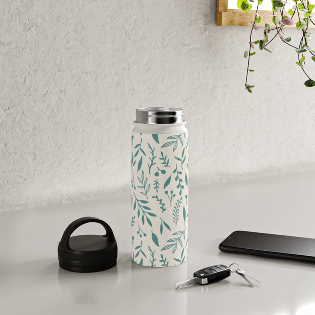 Teal Falling Leaves Handle Lid Water Bottle