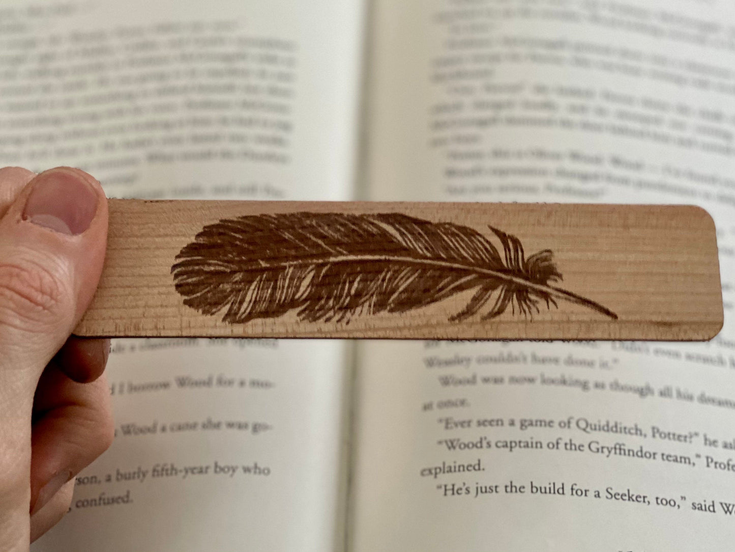 Feather Engraved Wood Bookmark