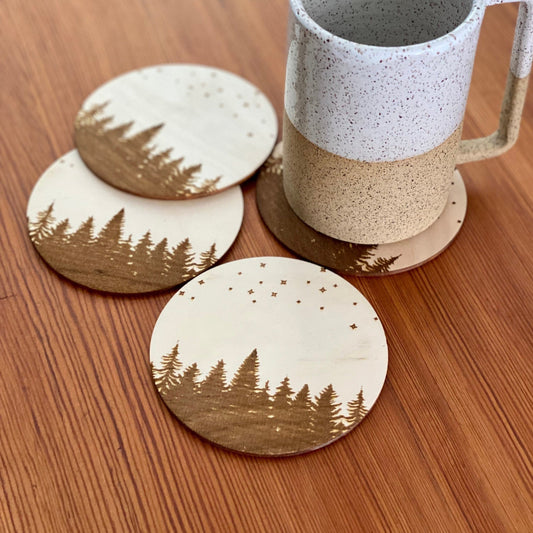 Pine Tree & Stars Engraved Wood Coaster Set