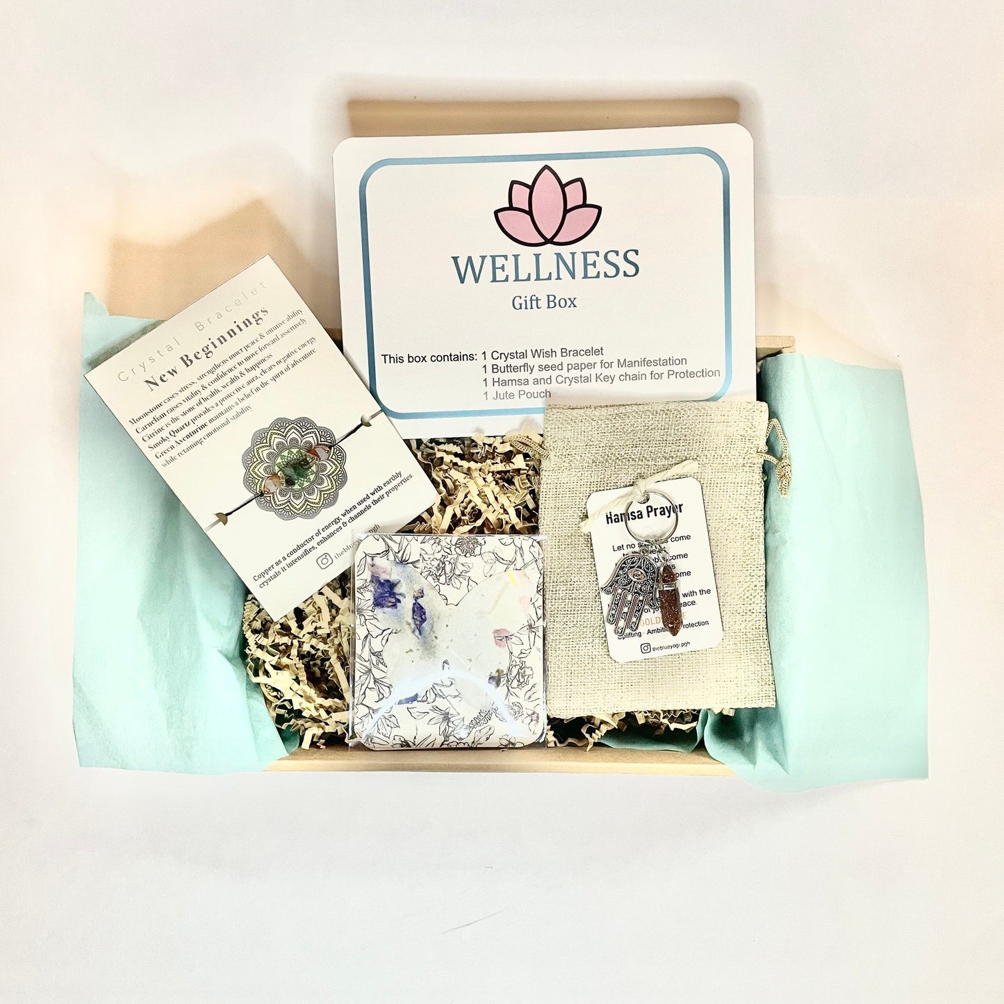Wellness Gift Box  4 pc set  Crystal bracelet, keychain and seed paper
